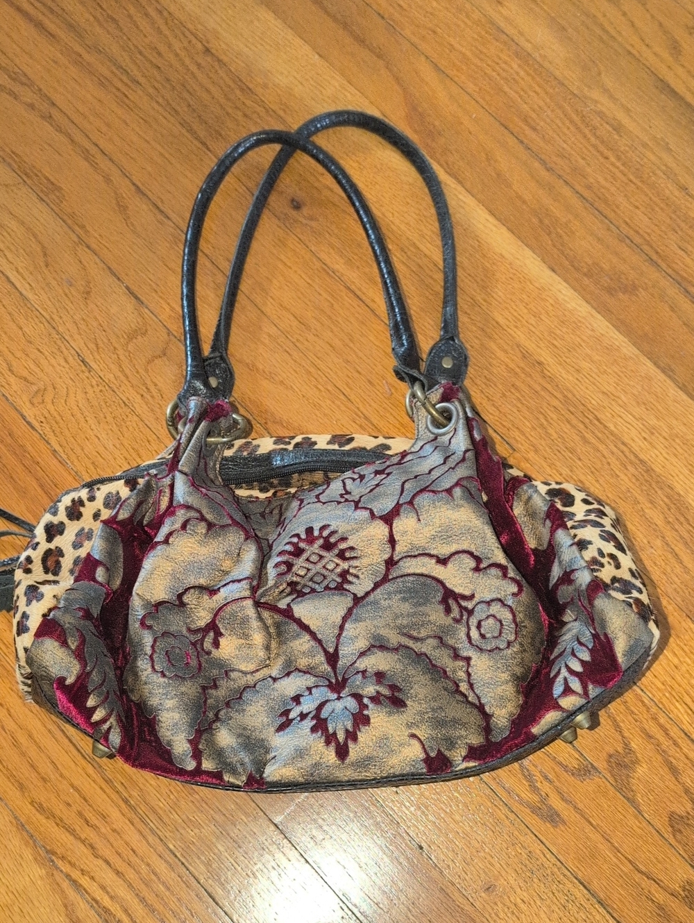 Burgundy Floral Jacquard Shoulder Bag with Leopard Trim